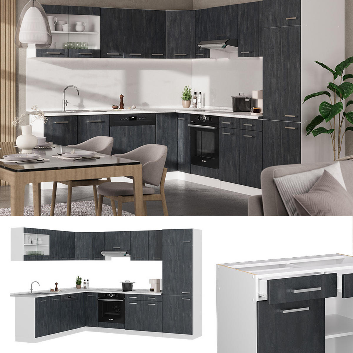 ECKKÜCHE IN L-FORM R-Line Schwarz Beton/Weiß 227 x 287 cm AP Eiche - Schwarz/Weiß, Holzwerkstoff (287/81.6/60cm) - Vicco