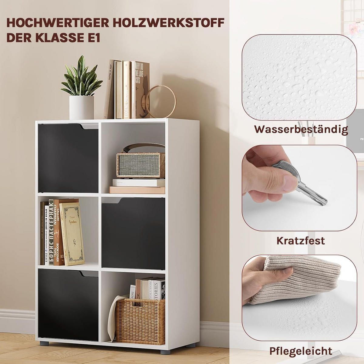 REGALE Bücherregal mit 3 Türen, 6 Fächer, Weiß+Schwarz - Schwarz/Weiß, Holzwerkstoff/Kunststoff (59.6/91/29cm) - Woltu