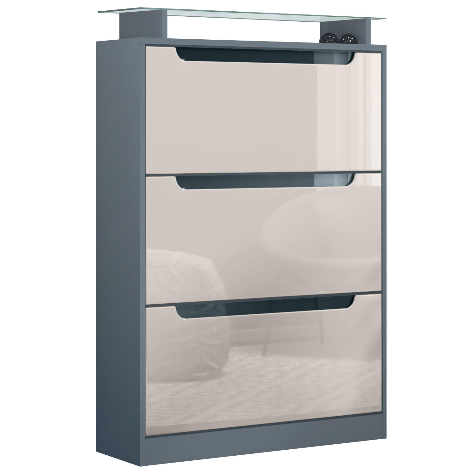 SCHUHSCHRANK Space Sandgrau Hochglanz - Sandfarben, Holzwerkstoff (89/128/23cm) - Vladon