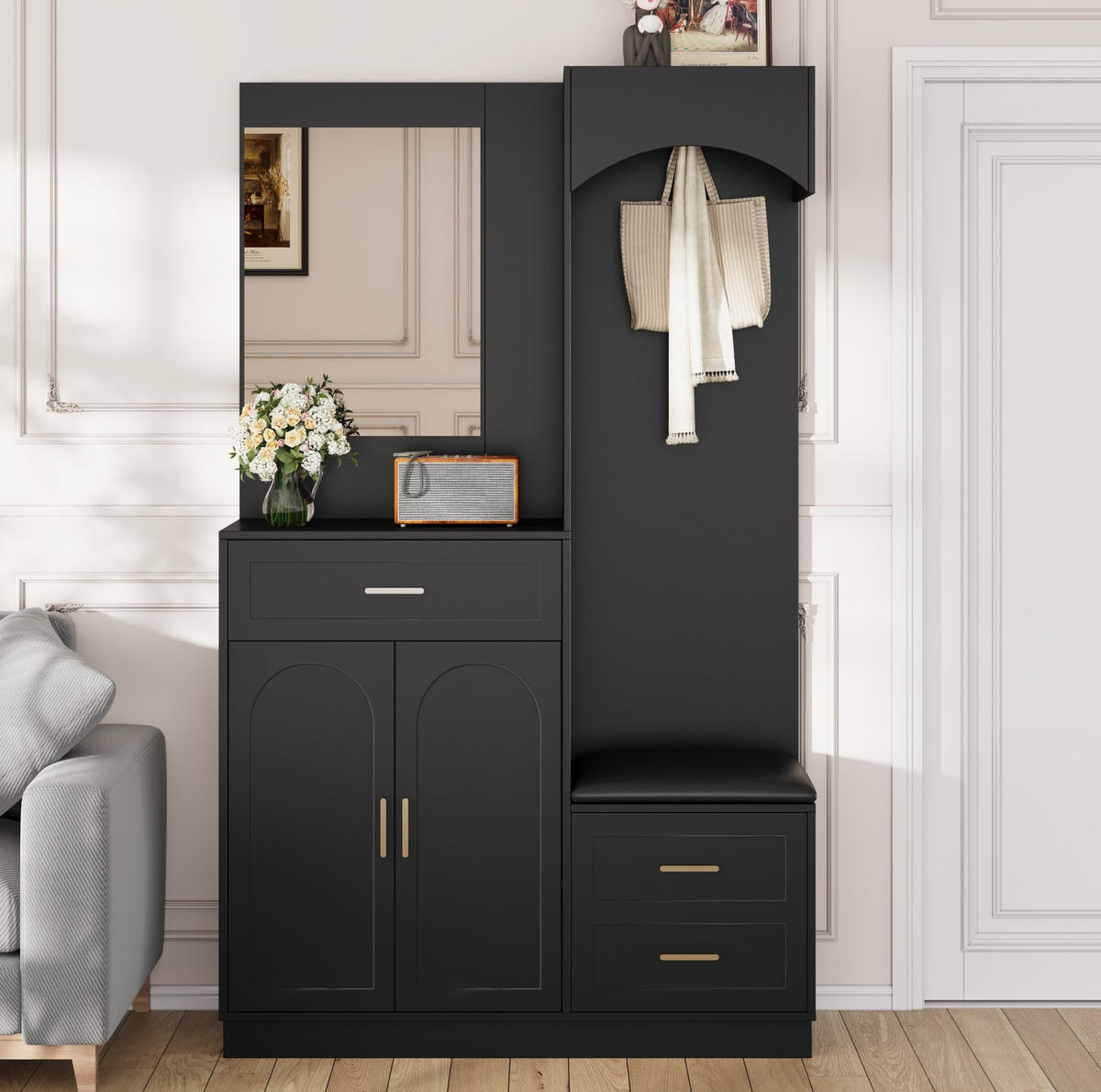 DIELENGARDEROBE 110/33/185,5 cm in Schwarz mit Spiegel und Schuhablage - Schwarz, Holzwerkstoff (110/185.5/33cm) - BEAOK