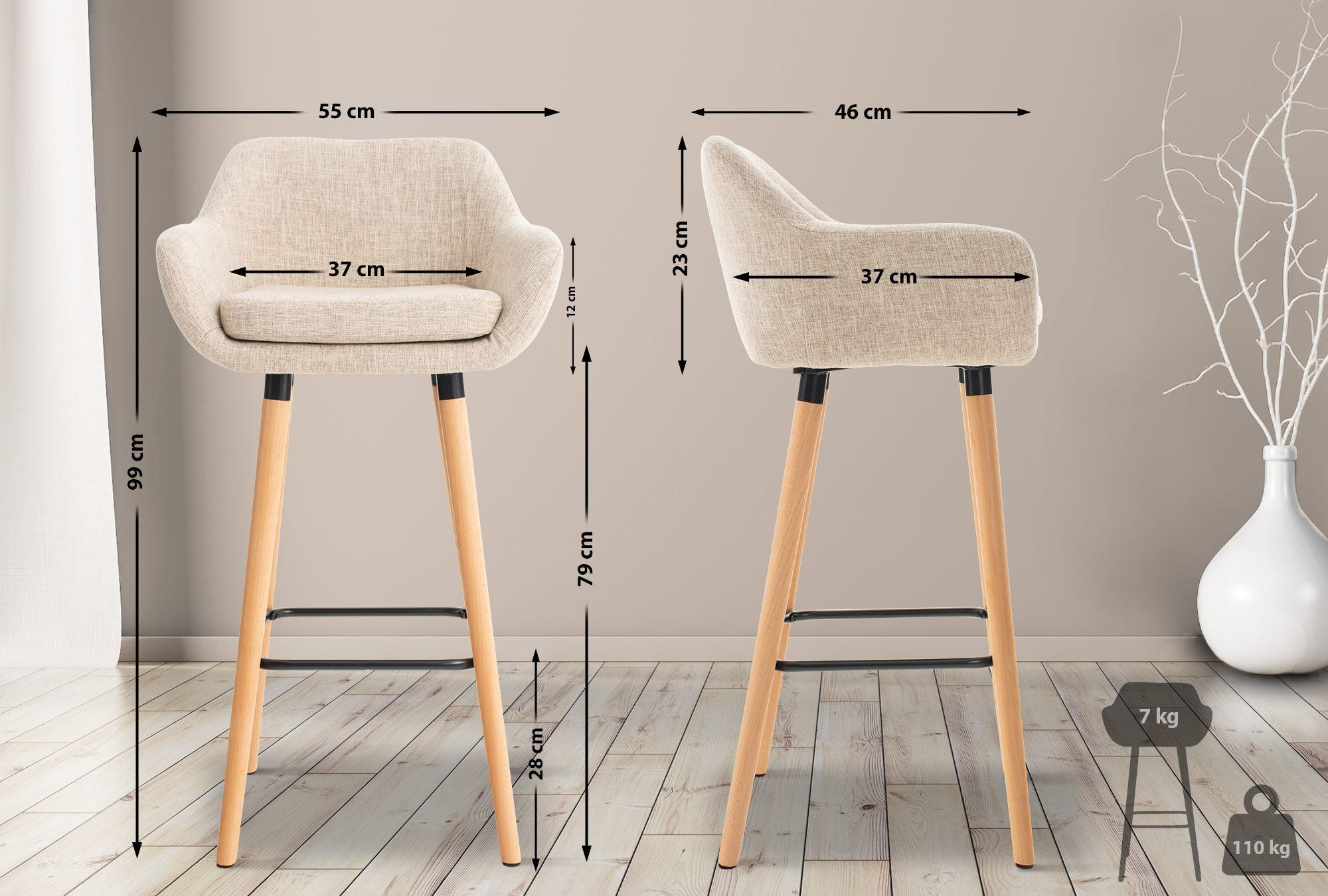 BARHOCKER Stoff creme - Eukalyptusholzfarben/Creme, Holz/Textil (55/99/46cm) - CLP