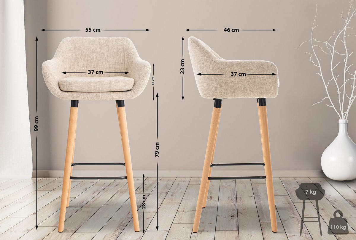 BARHOCKER 2er Set Stoff creme - Eukalyptusholzfarben/Creme, Holz/Textil (55/99/46cm) - CLP