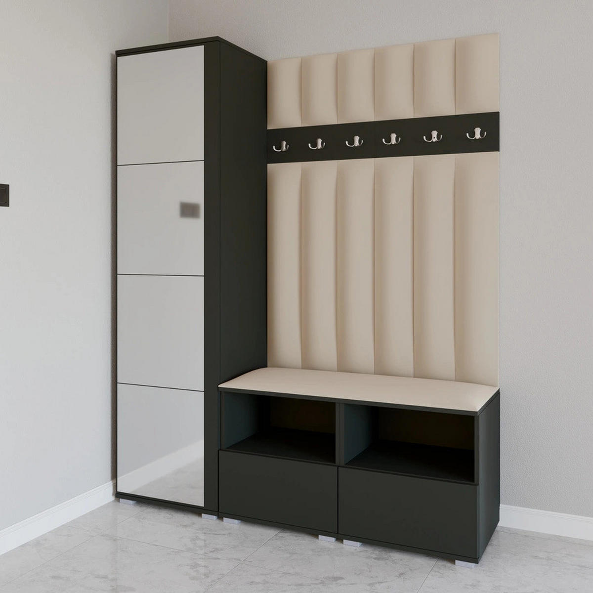 GEPOLSTERT Garderoben-Set Nela II LUX (Spiegel – Farbe Graphit + Stoff Trinity 04) - Beige/Silberfarben, Holz/Holzwerkstoff (150/187/40cm) - Ravio