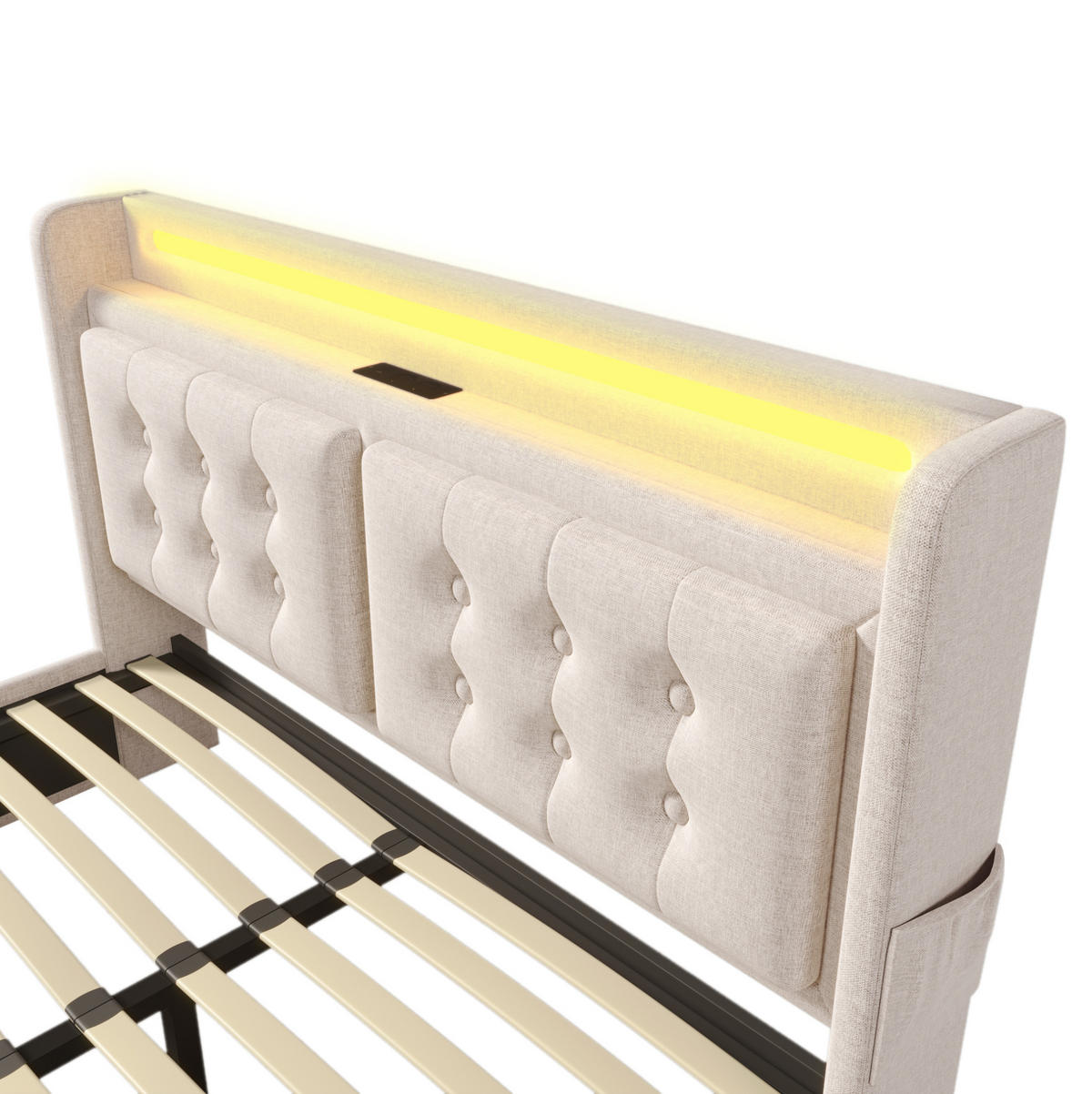 ČALÚNENÁ posteľ z bavlneno-ľanovej tkaniny 140x200 cm béžová s LED, USB-C, zásuvkami a matracom - béžová, textil (140/200cm) - Modfu