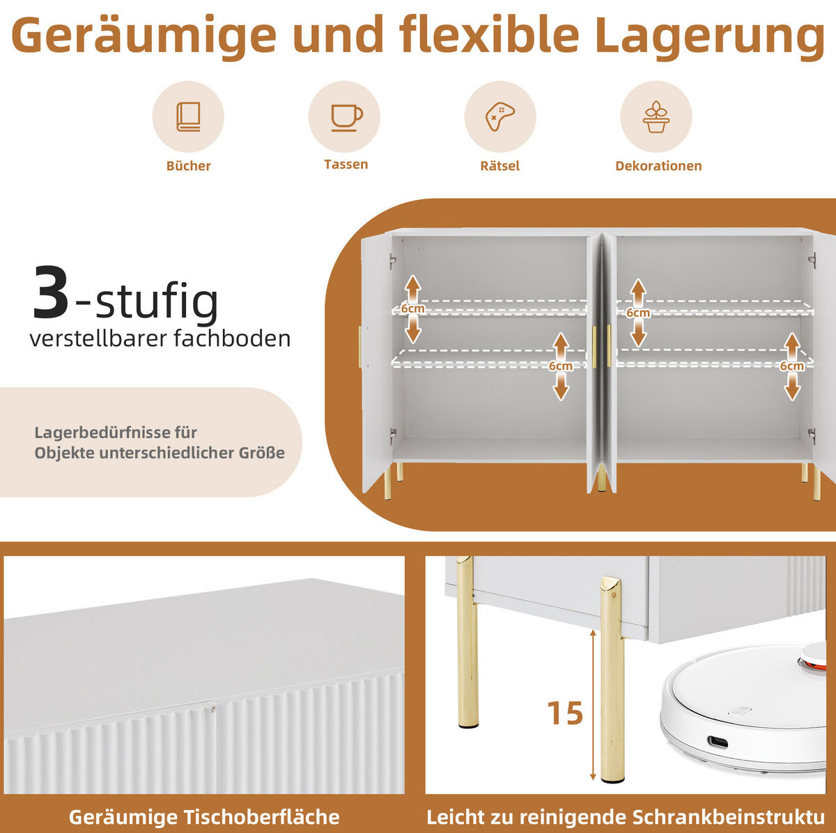 SIDEBOARD 160/35/100 cm Weiß aus Spanplatte mit verstellbaren Einlegeböden - Weiß, Holzwerkstoff (35/100/160cm) - OKMYHOME