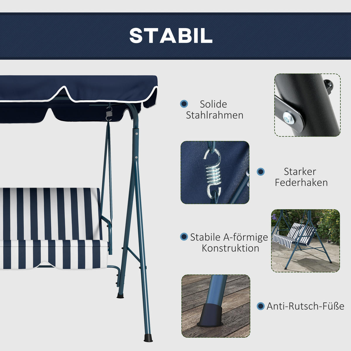 HOLLYWOODSCHAUKEL, Stahl, Polyester, Blau - Blau/Weiß, Metall (110/153/172cm) - Outsunny