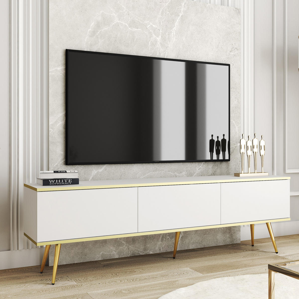 TV-LOWBOARD FORNO (Weiß, Goldene Details, 3 Türen, goldene Metallfüße, 175 cm) - Gelb/Goldfarben, Holz/Holzwerkstoff (175/53/32cm) - Ravio