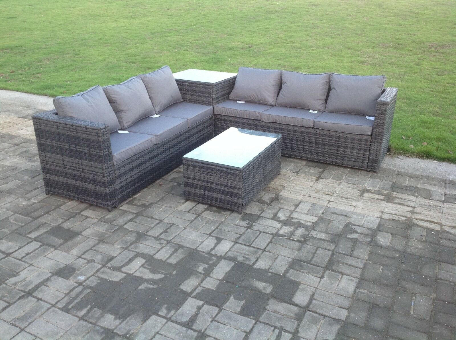 LOUNGESOFA Polyrattan 6-Sitzer - Dunkelgrau/Grau, Glas/Kunststoff - Fimous