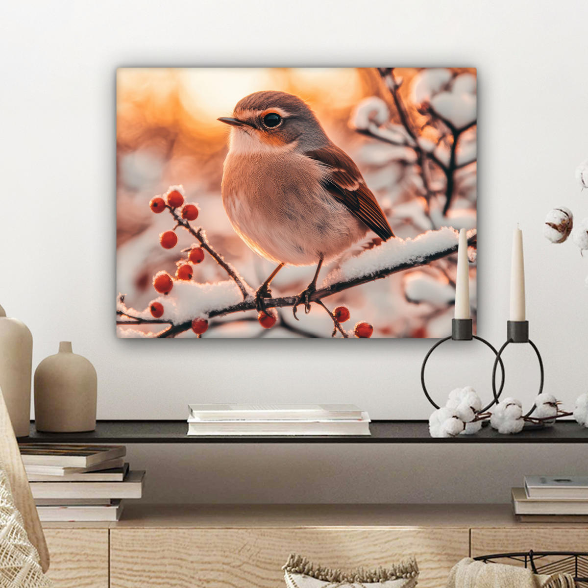 LEINWANDBILD Vogel - Zweig - Winter - Tiere - Schnee Wandbild 40x30 cm - Bernsteinfarben, Textil (40/30cm) - MuchoWow