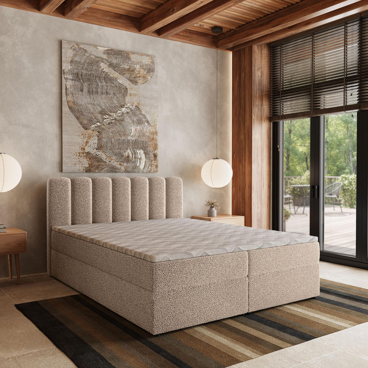 BOXBETT SOLIA 140x200 cm mit Matratze und Topper, H2+H3 - Beige - Beige, Holz (140/200cm) - MASSENO