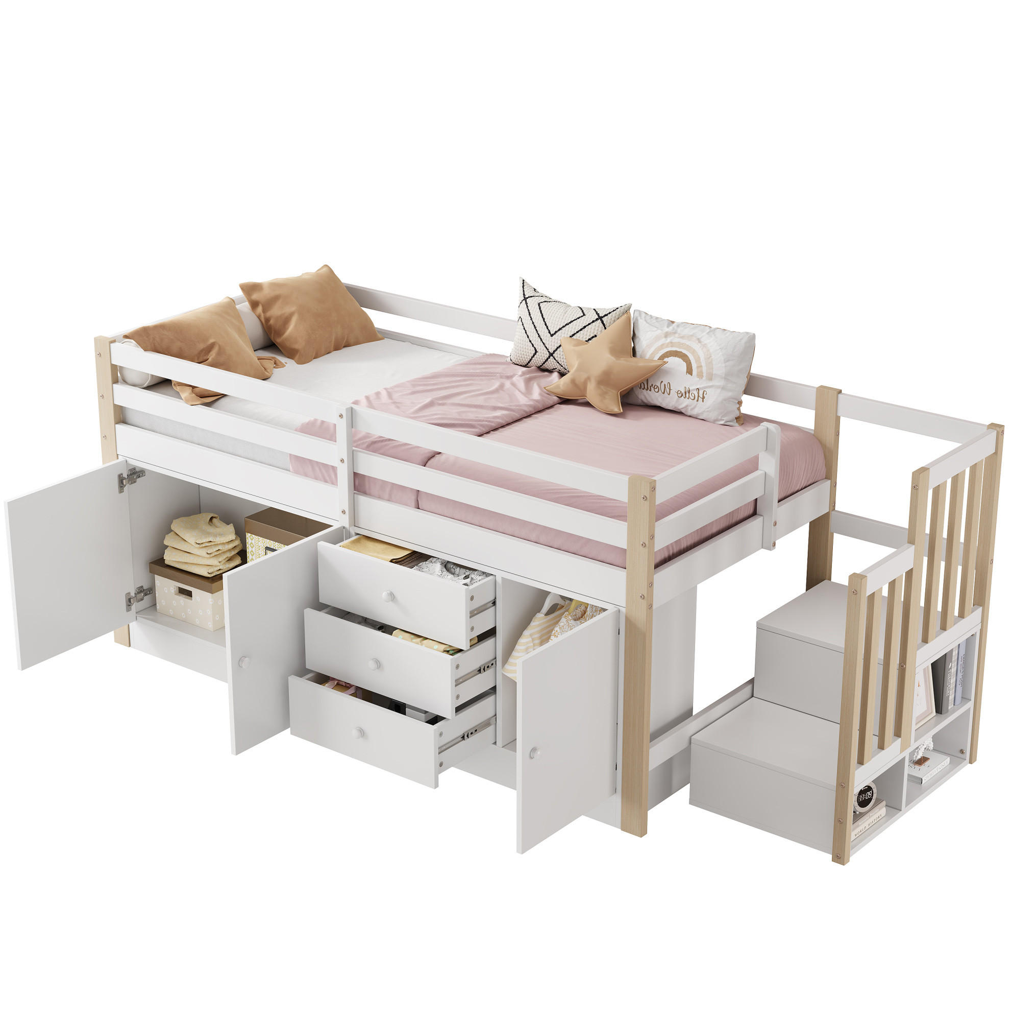 VYVÝŠENÁ posteľ 90/200 cm MDF biela, s úložným priestorom a schodmi - biela, kompozitné drevo (90/200cm) - BEAOK
