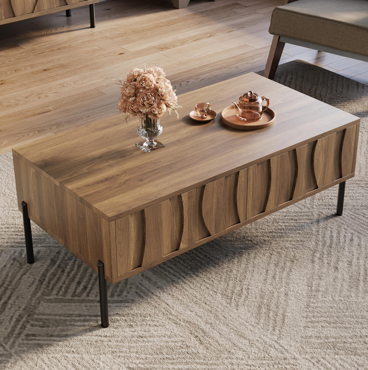 COUCHTISCH aus MDF und Spanplatte 105x55x41 cm in Natur mit 2 Schubladen - Naturfarben, Holzwerkstoff (105/55/41cm) - Modfu