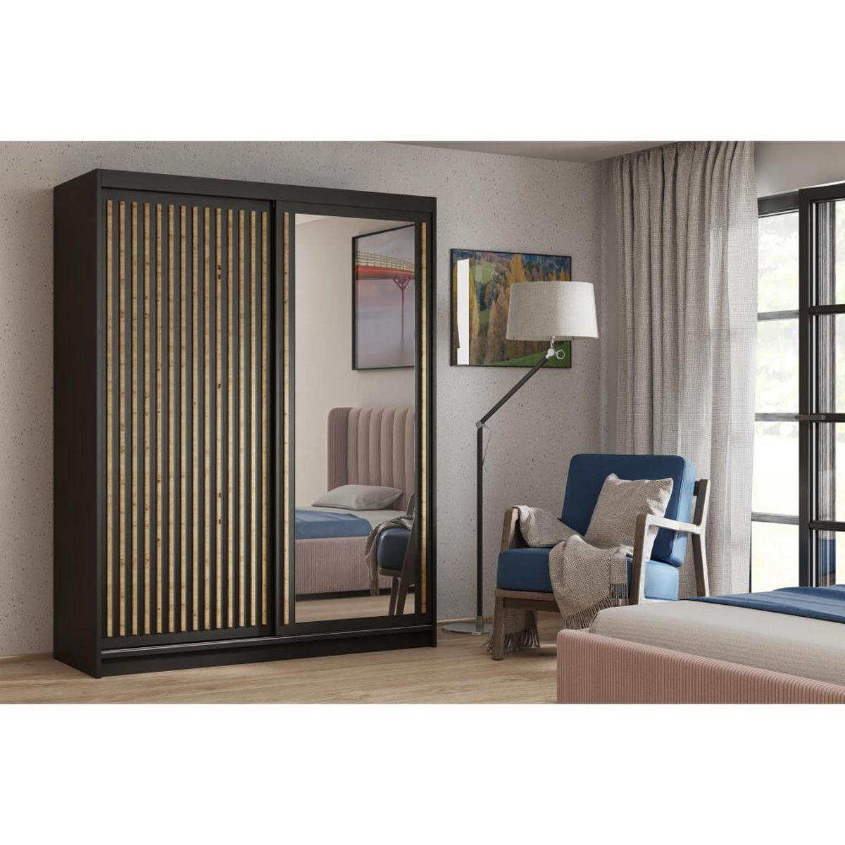 SCHWEBETÜRENSCHRANK Donatello 100/205/60 2-türig schwarz mit Spiegel - Schwarz/Eiche Artisan, Holzwerkstoff (100/205/60cm) - Beautysofa