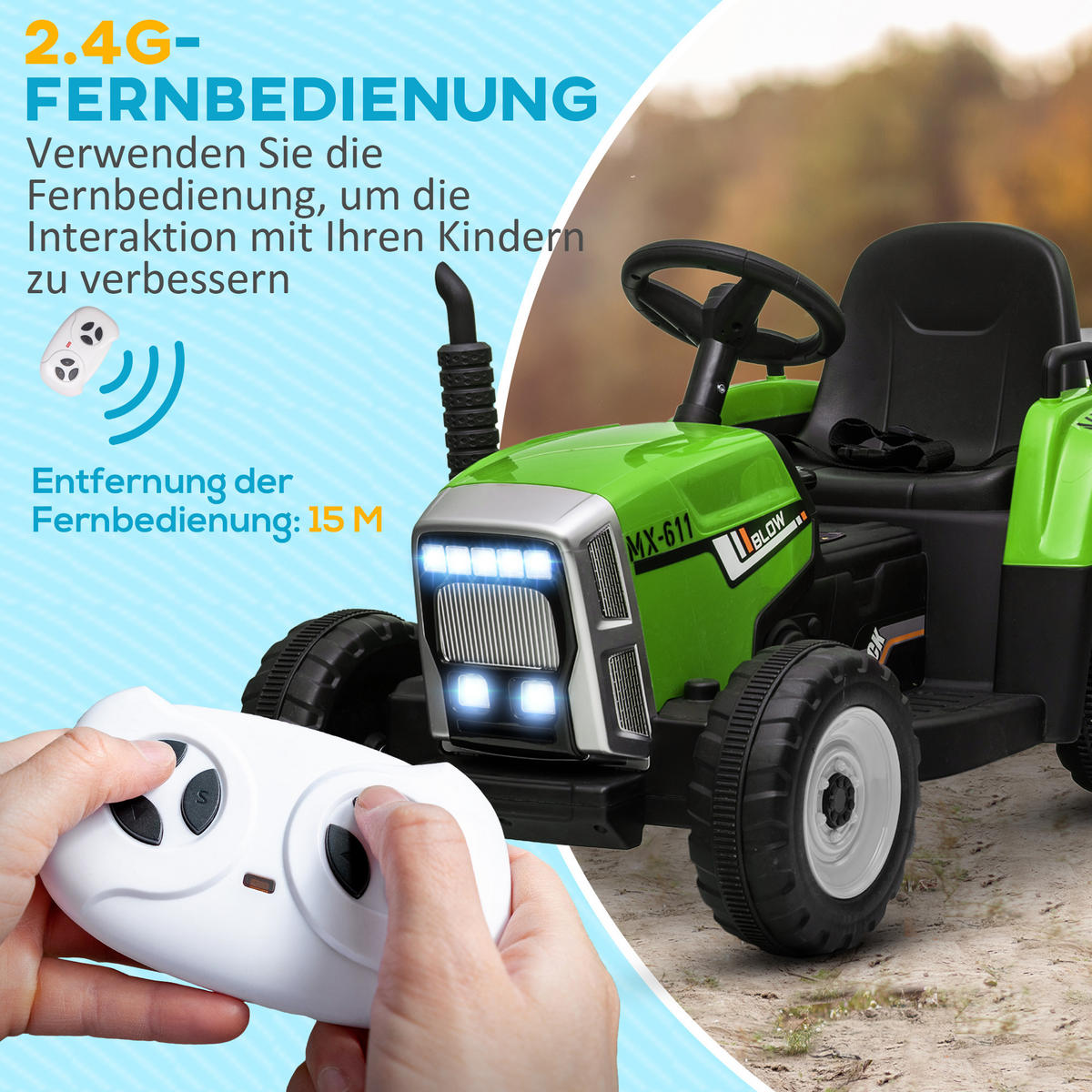 ELEKTRISCHER Traktor Kinder Aufsitztraktor mit MP3 Funktion, 3-6KM/H, Grün - Grün, Metall (136.5/50/52.5cm) - HOMCOM