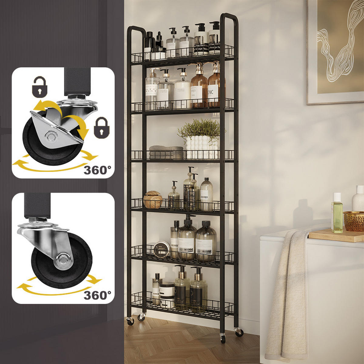 ROLLREGAL Rolivo Schwarz 58 x 15 cm mit 6 Fächern - Schwarz, Metall (58/155.5/15cm) - Vicco