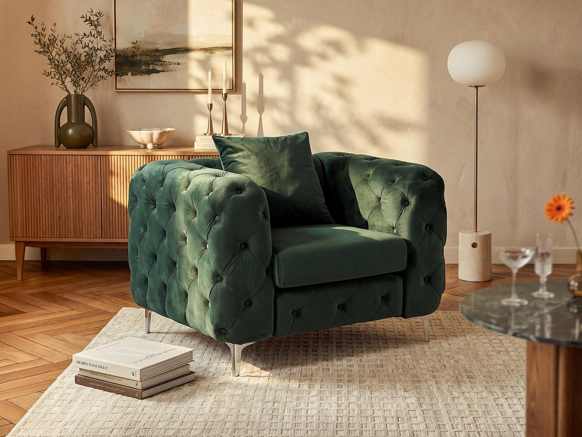 SESSEL mit gerader Rückenlehne - 1 Person - samt - grün Edwina - Grün, Textil/Metall (106/76/91cm) - Vente-Unique