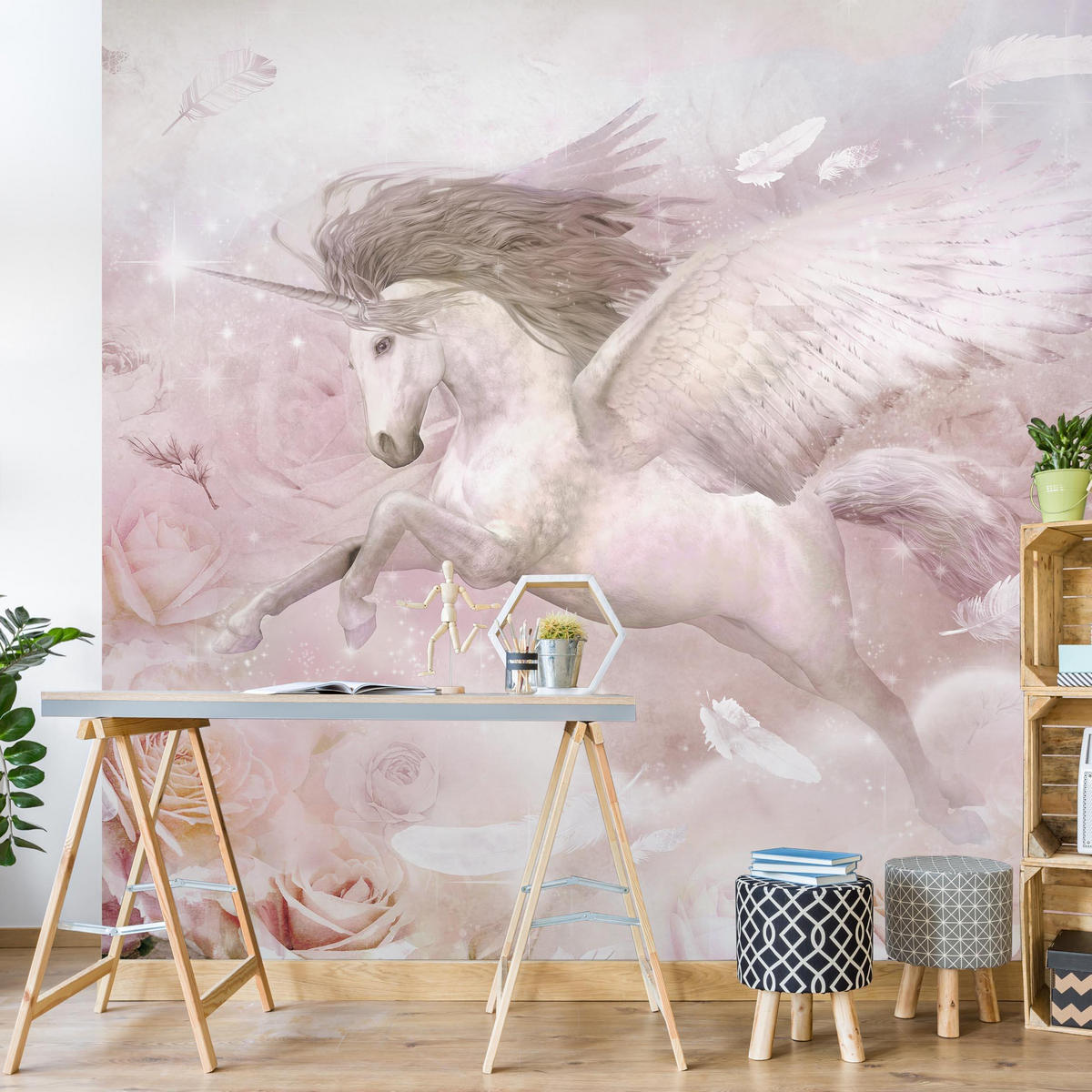 FOTOTAPETE Pegasus Einhorn mit Rosen 192/192 cm - Rosa, Papier (192/192cm) - Bilderwelten