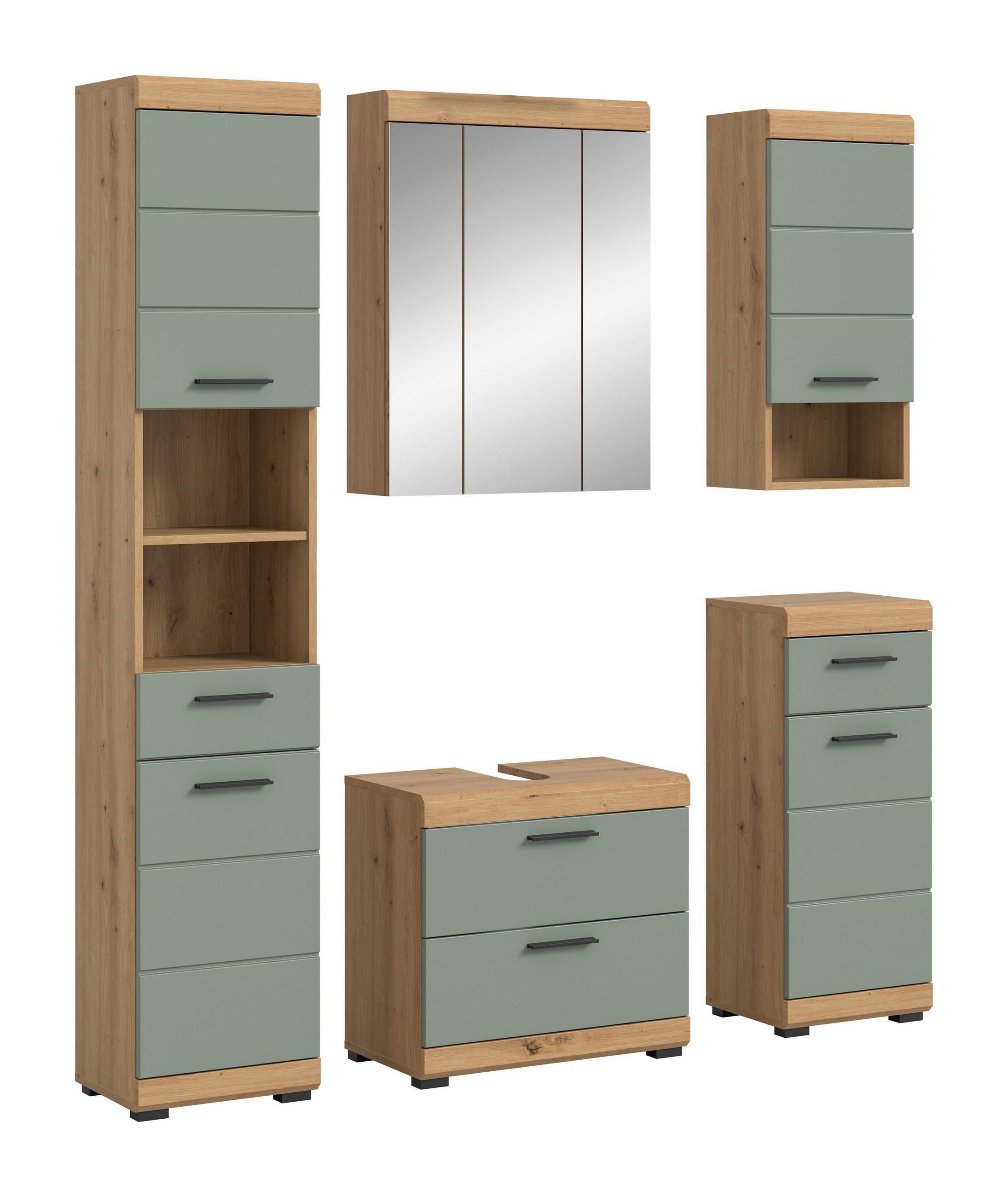 BADKOMBINATION 5tlg. Scout Bad in Artisan Eiche Nachbildung und Salbei Nachbildung B/H/T: 164x191x34 cm - Eiche Artisan, Holz (164/191/37cm)