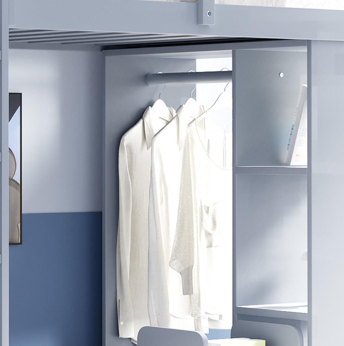 HOCHBETT aus 90x200 cm Grau mit Regalen, Kleiderstange und herausnehmbarem Rollwagen - Grau, Holzwerkstoff (90/190cm) - Modfu