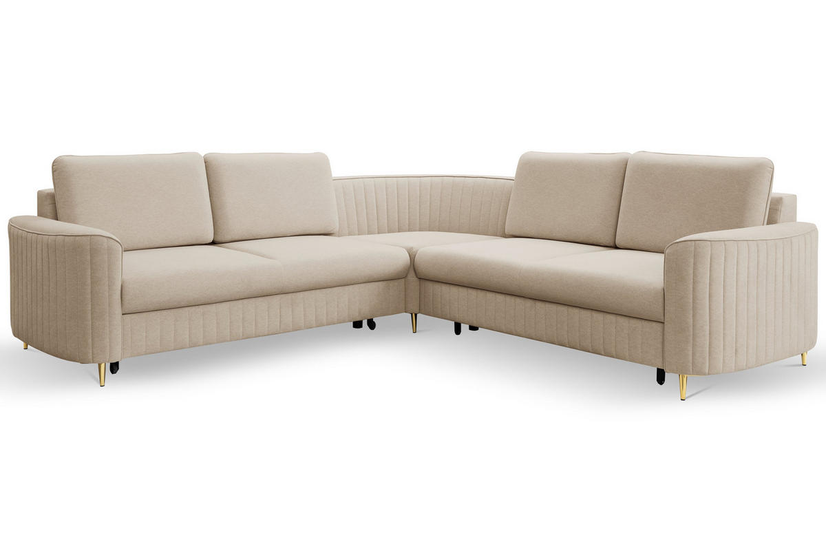 ECKSOFA VELA L-S Beige Velours-Stoff mit Schlaffunktion - Beige, Holz (251/251cm) - MASSENO