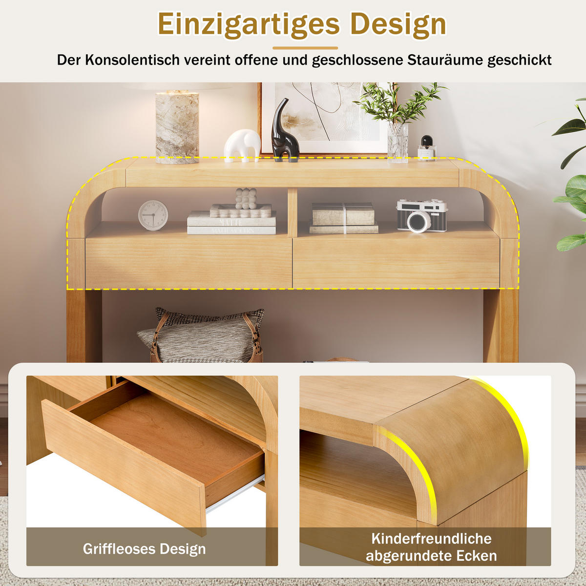 KONSOLENTISCH 120/35,5/76,5 cm natur aus MDF mit 2 Schubladen und verstellbaren Stellfüßen - Naturfarben, Holzwerkstoff (120/35.5/76.5cm) - OKWISH