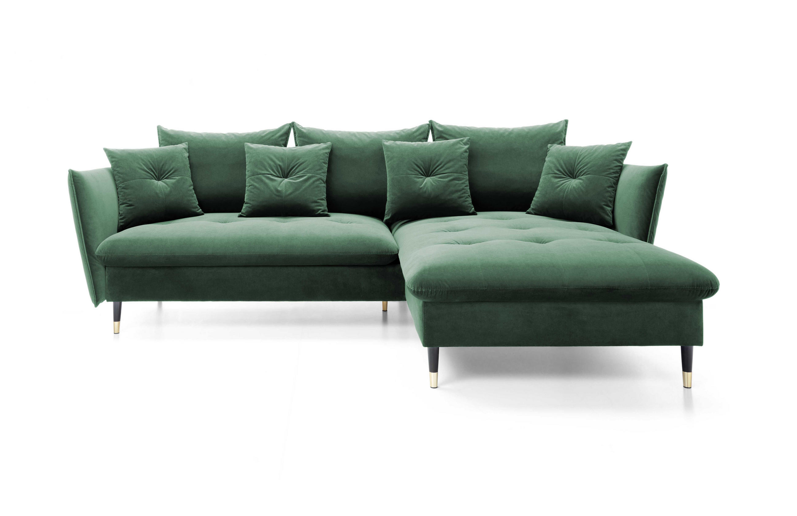 ECKSOFA GLAM mit Schlaffunktion, Ottomane & goldenen Füßen – Samtsofa im Glamour-Stil mit Zierkissen, 258x167x91 cm, rechte, grün​ - Grün, Holz/Textil (258/167cm) - DomoHome
