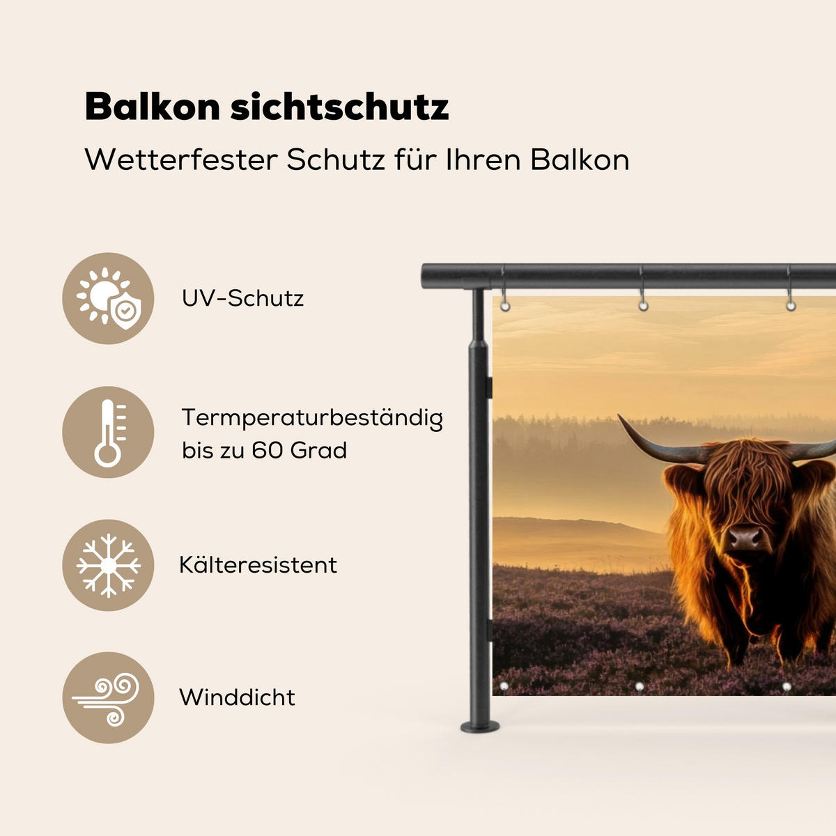 BALKON-SICHTSCHUTZ Schottische Hochlandbewohner - Heide - Landschaft - Tiere - Cognac, Kunststoff (300/100cm) - MuchoWow