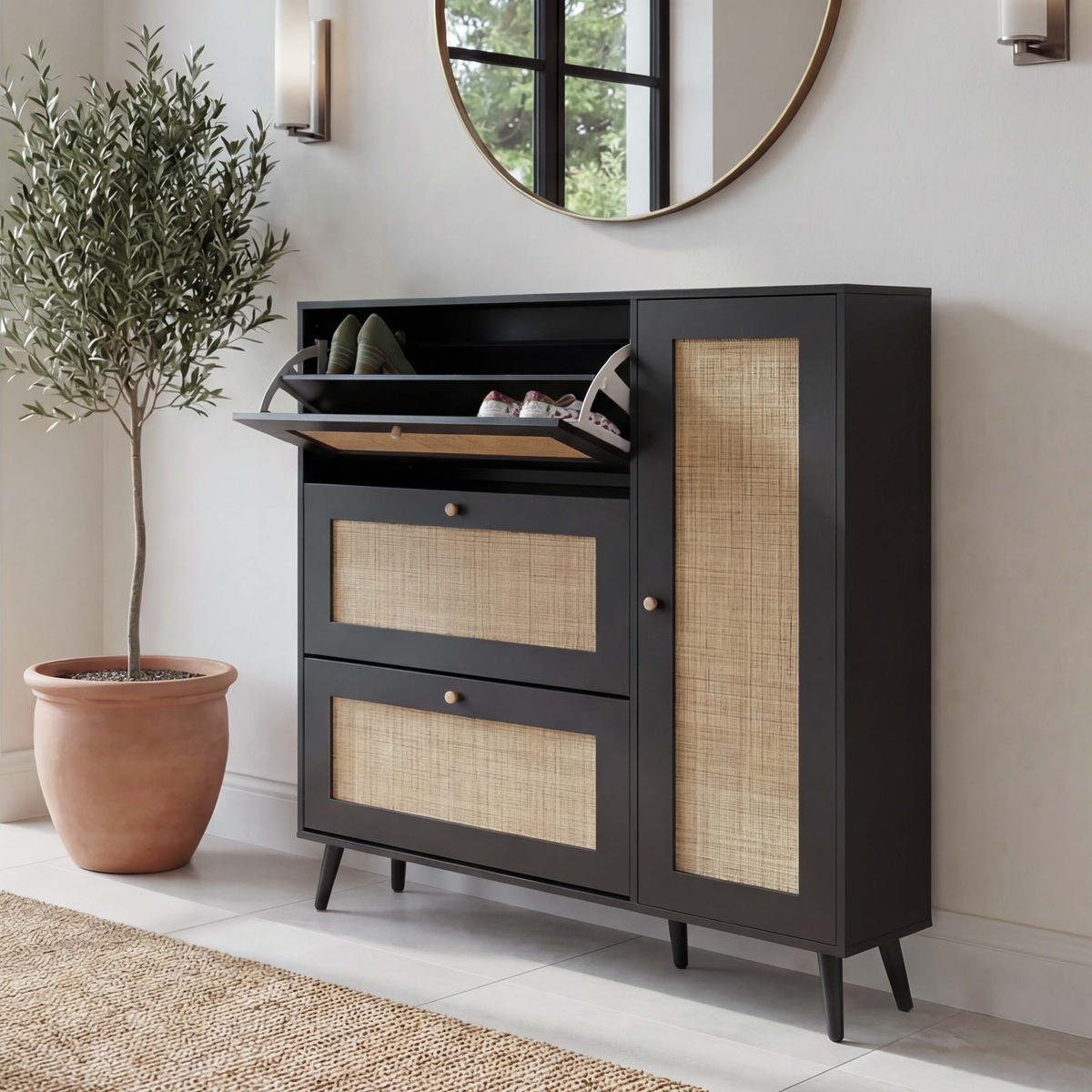 RATTAN-SCHUHKIPPER Schwarz - Schwarz, Holz (120/127/24cm) - Jamb
