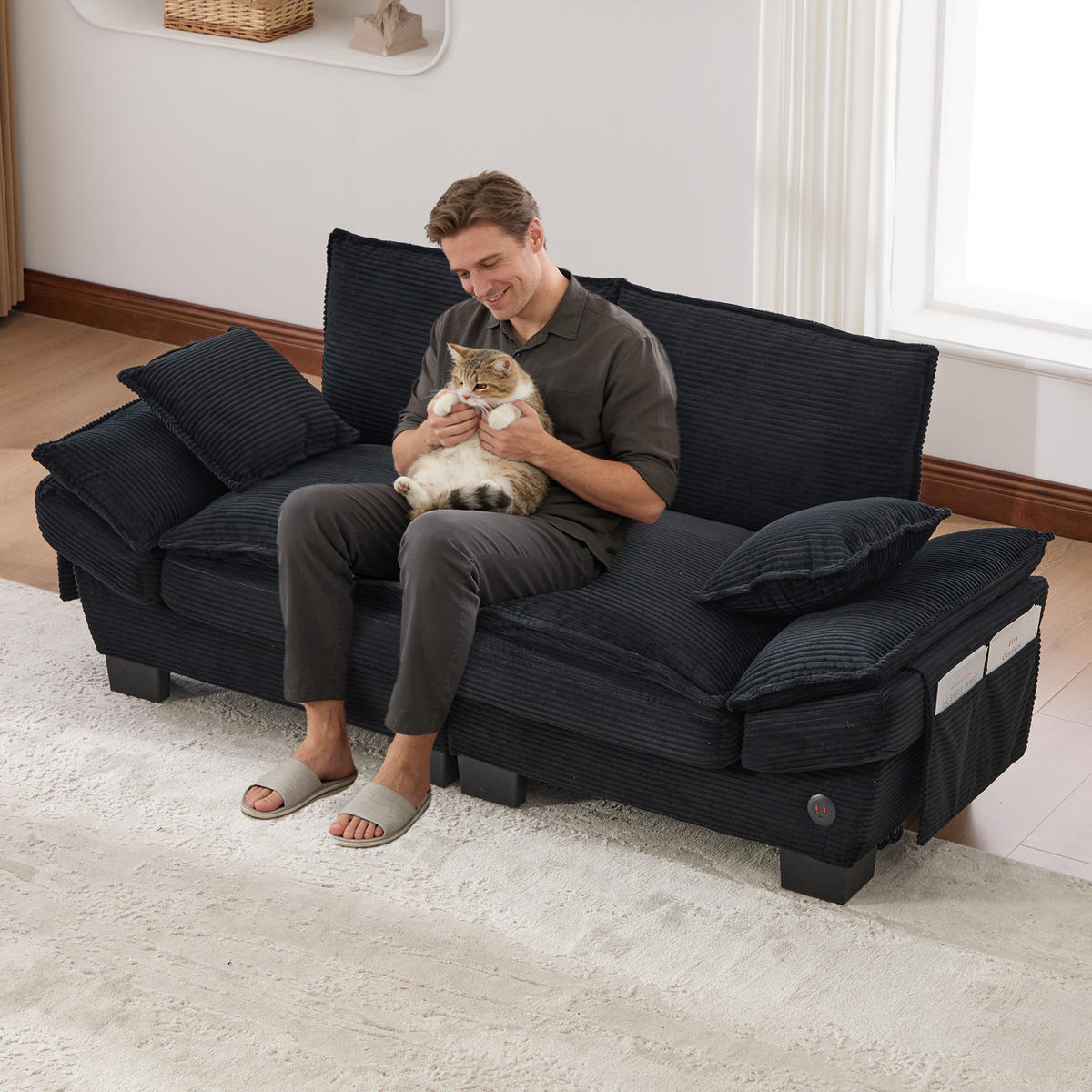 2-SITZER Sofa aus Cord 190x73x84 cm in Schwarz mit USB-C & Seitentaschen - Schwarz, Textil (73/84/190cm) - Modfu