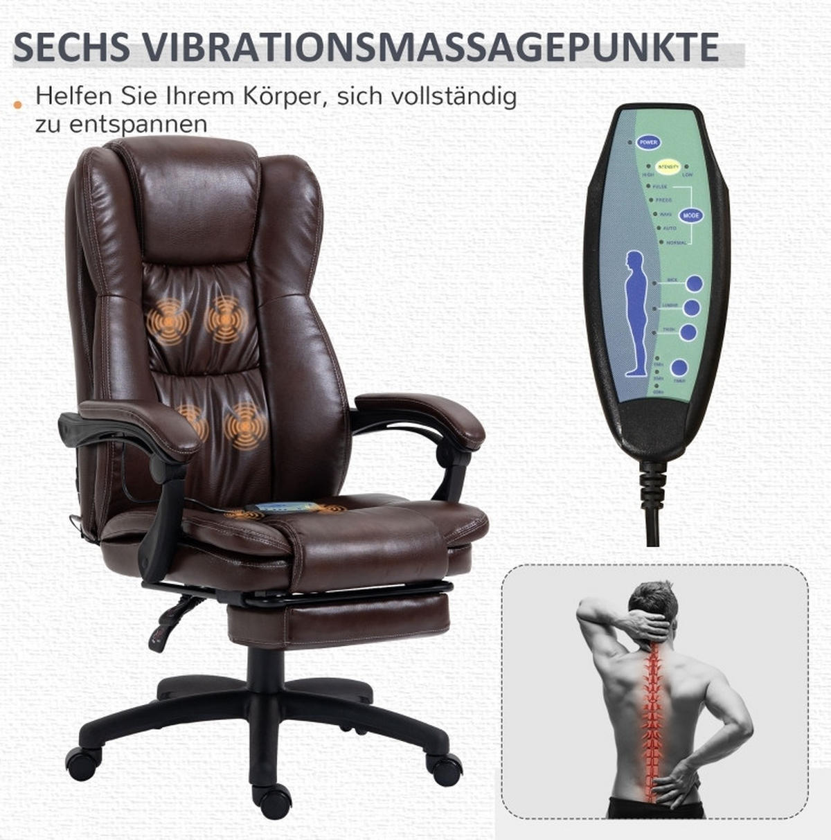 CHEFSESSEL 68,5/113-121/68,5 cm Braun aus Kunstleder mit Massagefunktion - Braun, Kunststoff (68.5/121/68.5cm) - OKMYHOME