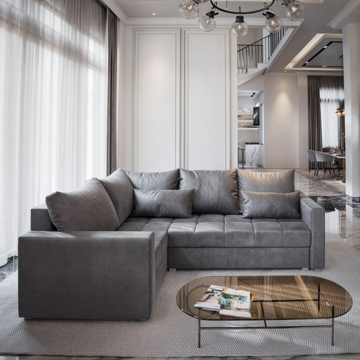 ECKSOFA LIRENO L-S Grau Plüsch-Stoff mit Schlaffunktion - Grau, Holz (220/153cm) - MASSENO