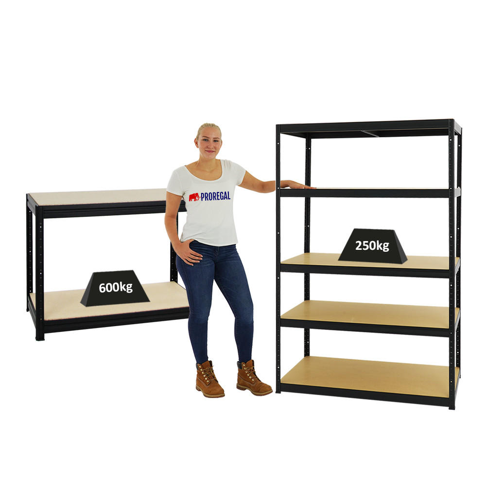 WERKBANK Slim Dino höhenverstellbar & 1x SCHWERLASTREGAL Big Elephant M Set Fachlast bis zu 600 kg Schwarz - Schwarz, Metall (240/180/60cm) - PROREGAL