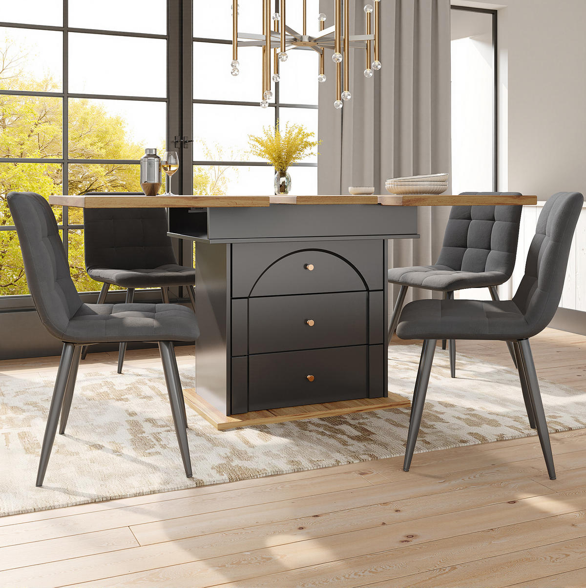 JÍDELNÍ stůl 110-140/80/75 cm černá/přírodní z MDF s rozkládací deskou a úložným prostorem - černá, kompozitní dřevo (110/80/75cm) - OKWISH