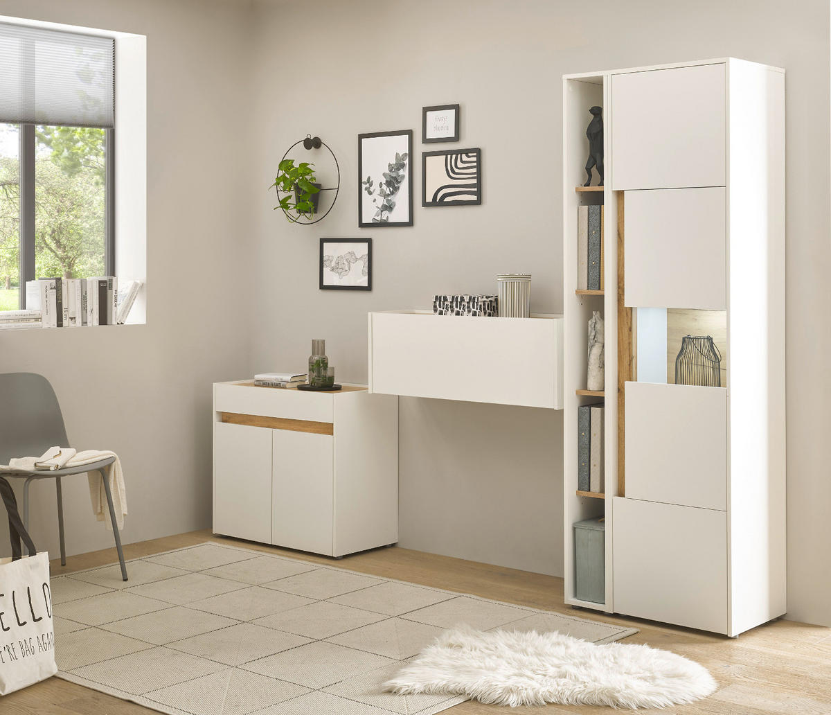 AKTENSCHRANK Set 4-teilig weiß matt, Eiche Wotan 290 cm, Büromöbelkombination mit Sekretär und viel Stauraum - Eichefarben/Silberfarben, Glas/Holzwerkstoff (290/200/40cm) - Furn.Design
