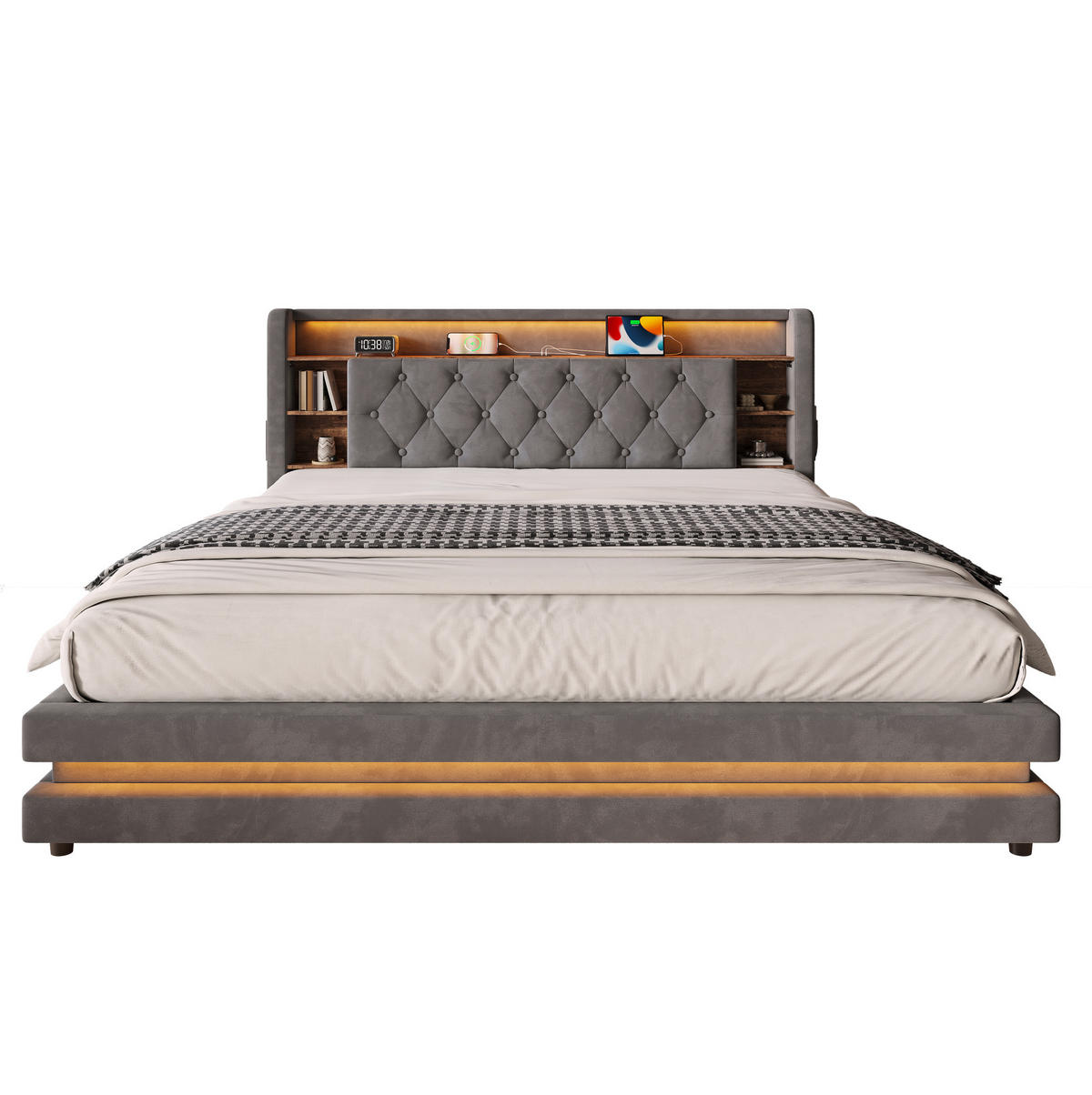 POLSTERBETT für 180x200 cm Matratzen in Dunkelgrau mit LED, Bettkasten und USB - Dunkelgrau, Textil (180/200cm) - IVMEU