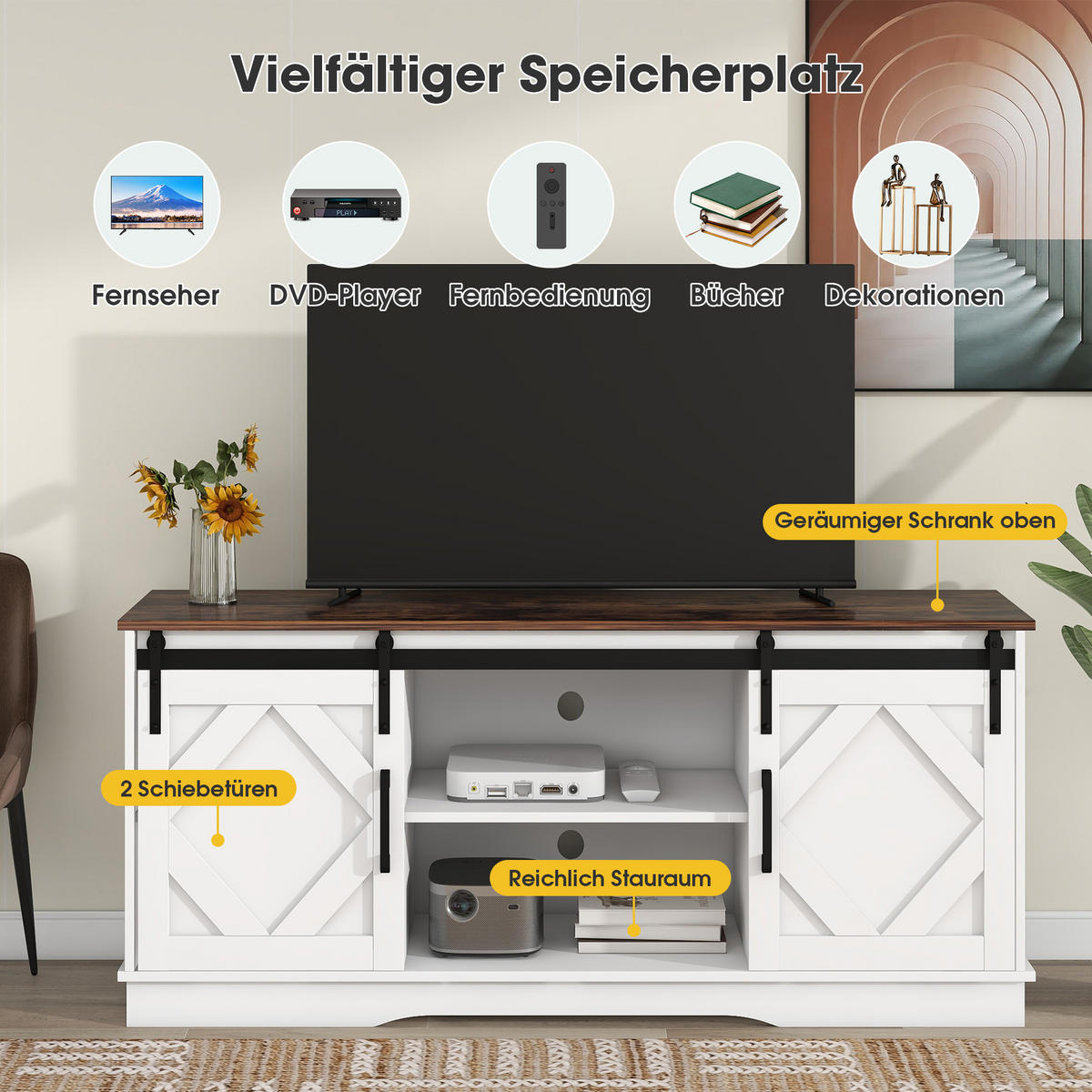 TV-ELEMENT 150/40/60 cm Weiß mit 2 Schiebetüren und Einstellbare Regale - Weiß, Holz (150/60/40cm) - Oxeza