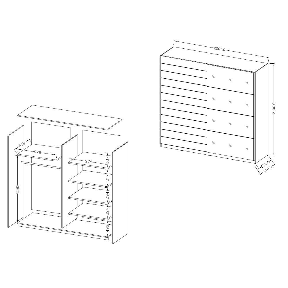 SCHWEBETÜRENSCHRANK Granada Monastery Eiche / Schwarz Hochglanz 220 / 61 / 210 cm - Multicolor/Braun, Holz/Holzwerkstoff (220/210/61cm) - Feldmann-Wohnen