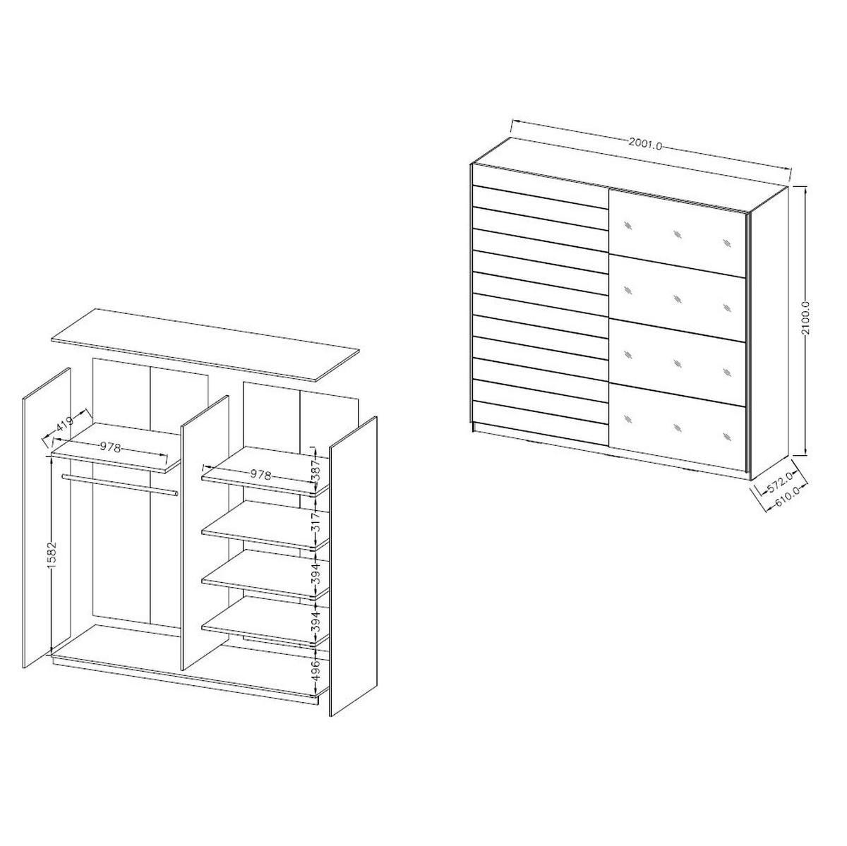 SCHWEBETÜRENSCHRANK Granada Monastery Eiche / Schwarz Hochglanz 220 / 61 / 210 cm - Multicolor/Braun, Holz/Holzwerkstoff (220/210/61cm) - Feldmann-Wohnen