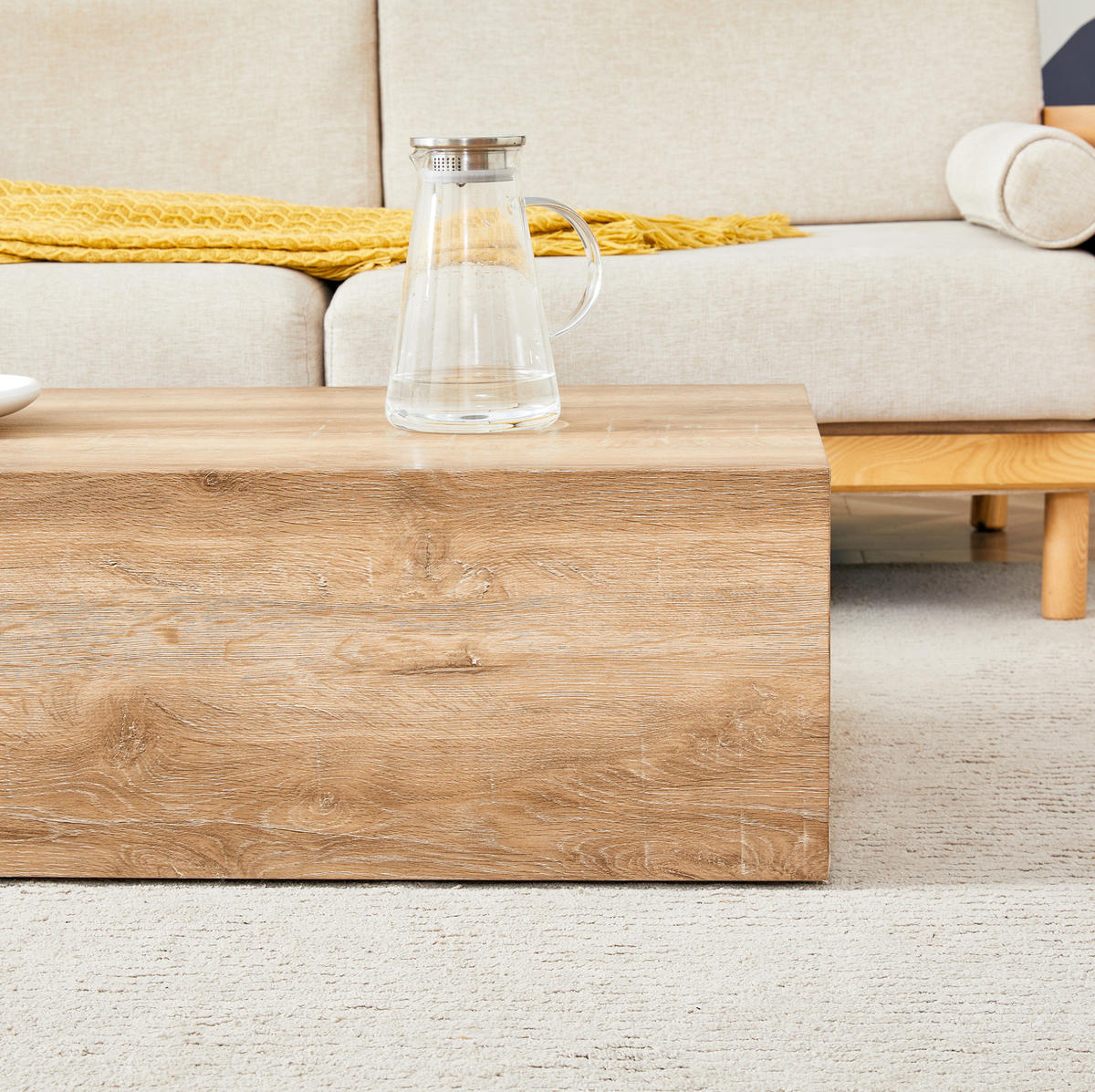 COUCHTISCH 90/50/30 cm ohne Montage mit Holzmaserung und rutschfesten Füßen, Holzfarben - Naturfarben, Holzwerkstoff (90/50/30cm) - Redom
