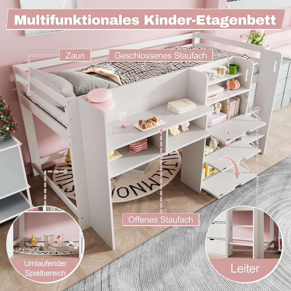 HALBHOHES BETT 90x200cm Weiß Hausform Entertainment-Bereich Staufächer - Weiß, Holz (90/200cm) - FLIEKS