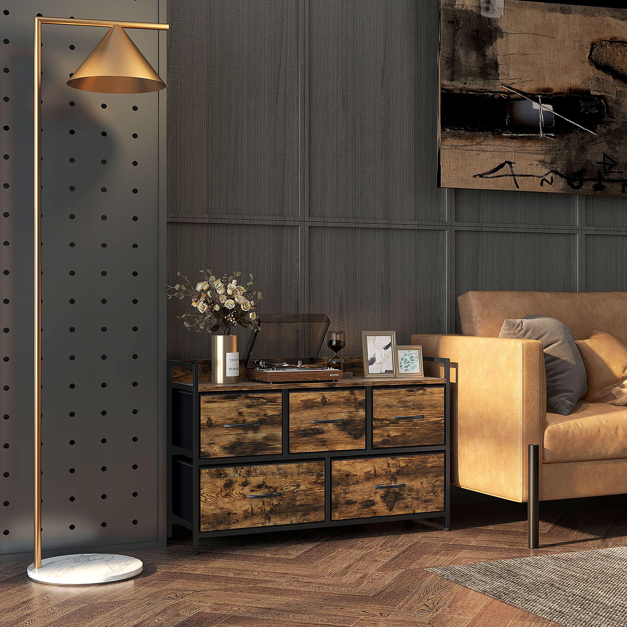 KOMMODE mit 5 Schubladen aus Stoff Kommodenschrank mit Stahlgestell Braun - Braun, Textil (29/63/98cm) - HOMCOM