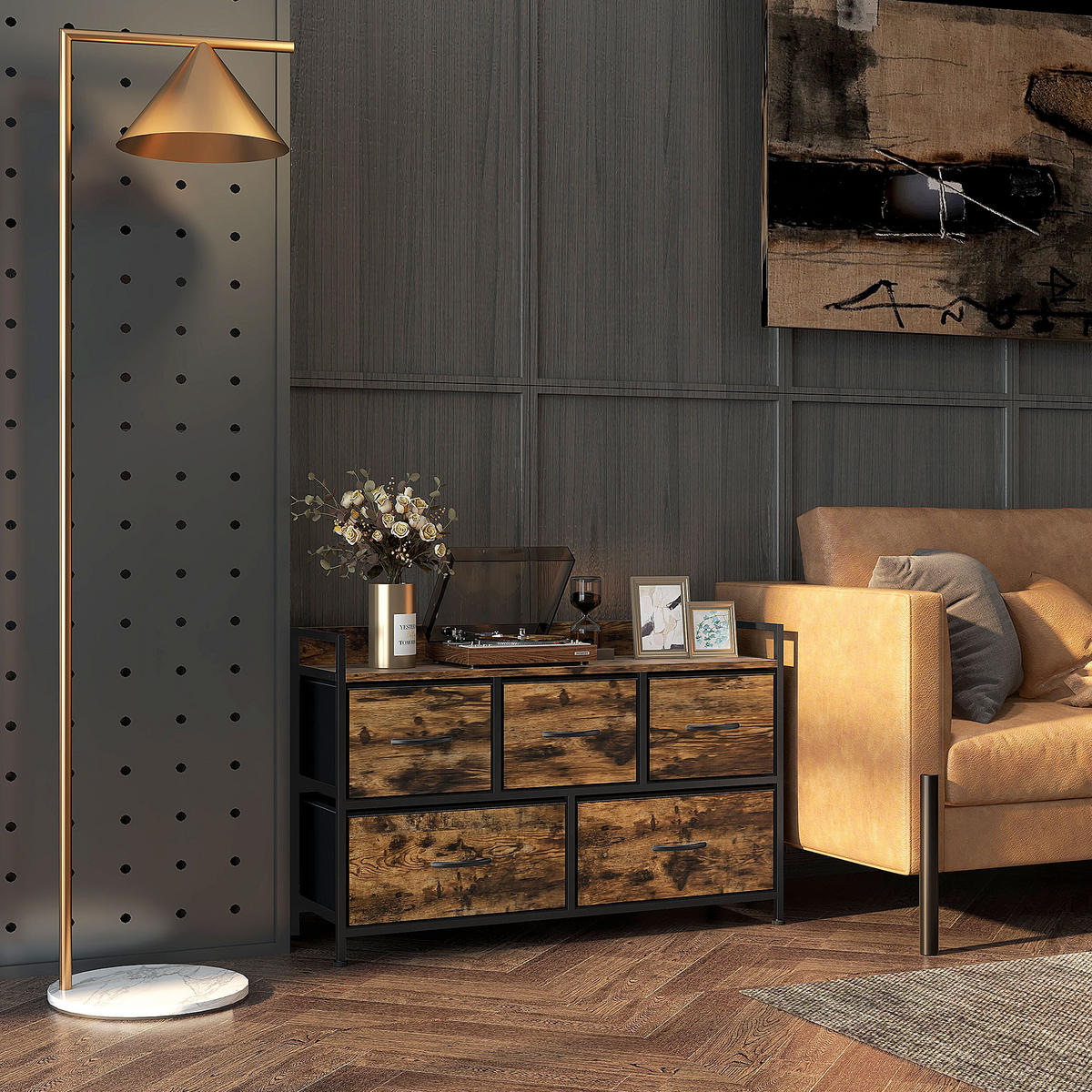 KOMMODE mit 5 Schubladen aus Stoff Kommodenschrank mit Stahlgestell Braun - Braun, Textil (29/63/98cm) - HOMCOM
