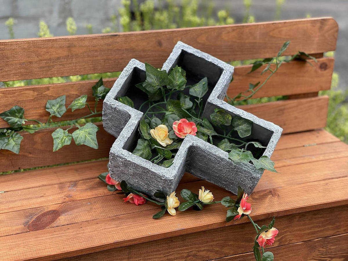 STEINFIGUR Grabkreuz Pflanzschale frostfest Steinguss - Grau, Stein (23/8/26cm) - stoneandstyle