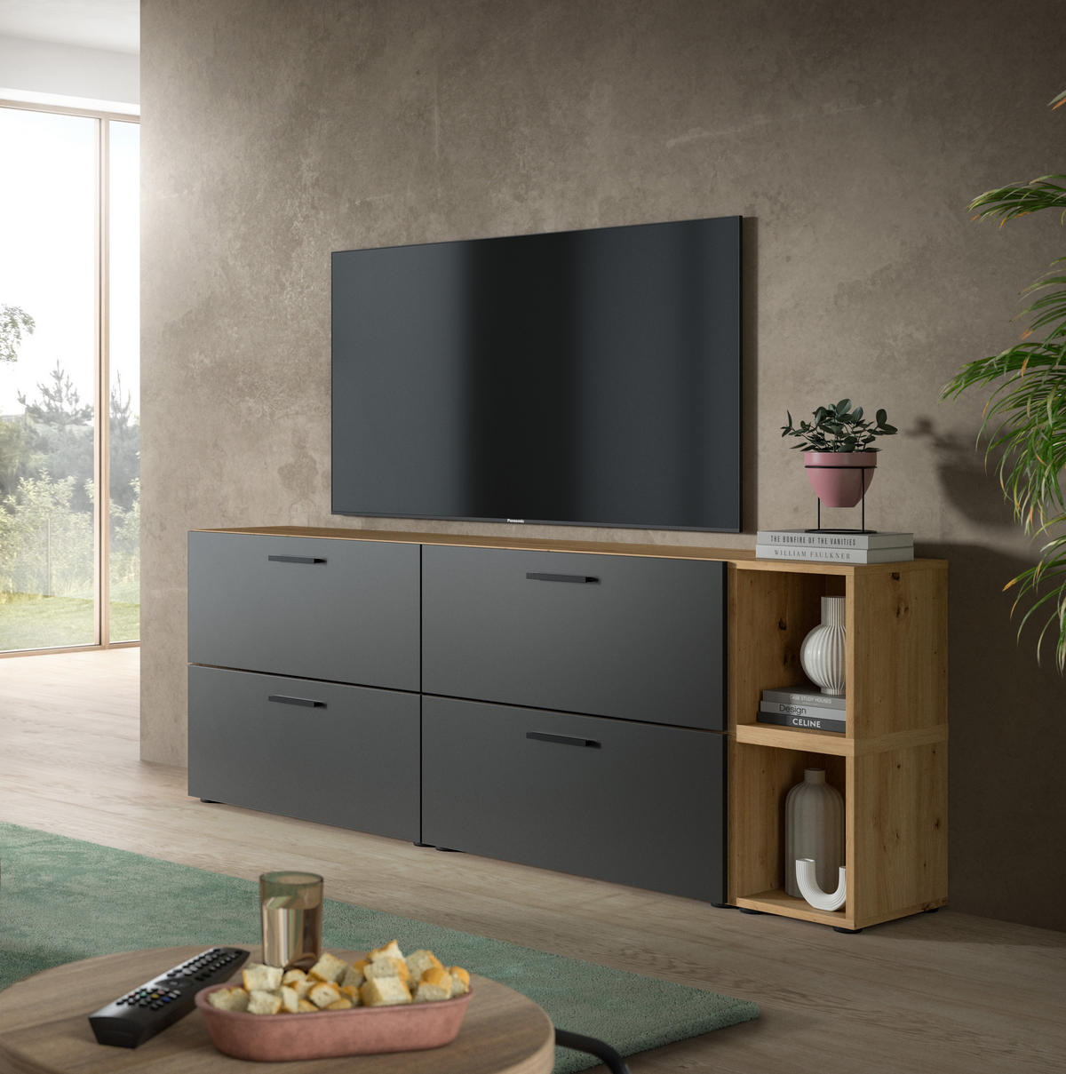 WOHNWAND Primo (B/H/T: ca. 176/67/34 cm) in Artisan Oak /Basalt grau - Eiche Artisan, Holzwerkstoff (176/67/34cm)