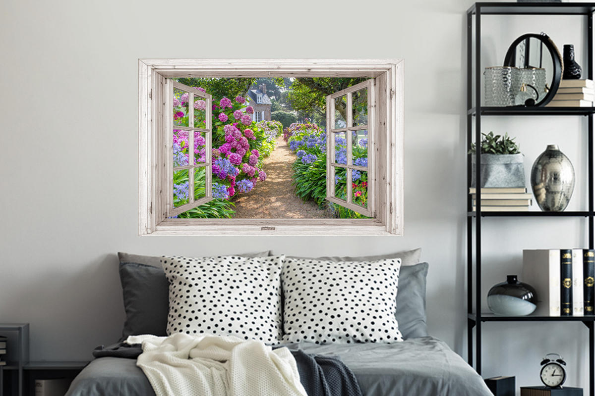 WANDTATTOO Hortensie - Fensterblick - Blumen - Sommer - Lila - Weg 120x80 cm - Lila, Kunststoff (120/80/0.1cm) - MuchoWow