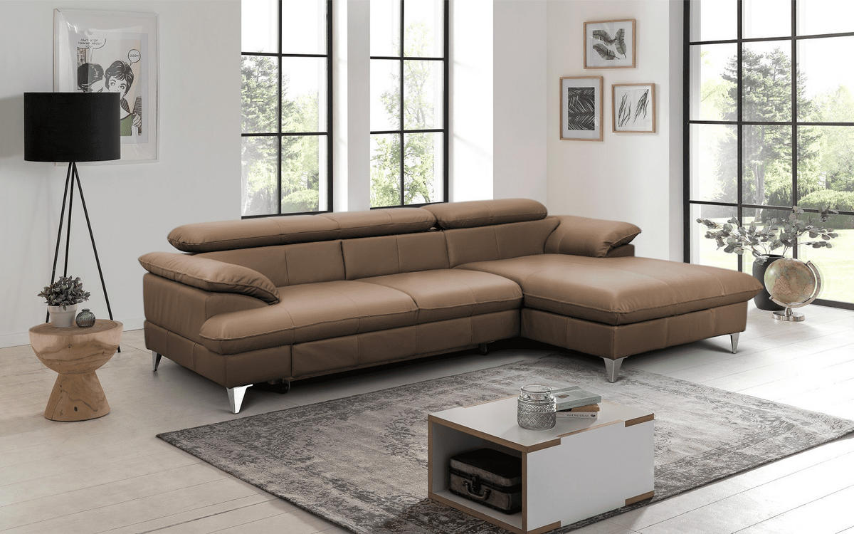 ECKSOFA mit Schlaffunktion und Bettkasten, Echtleder - Chromfarben/Hellbraun, Leder/Holz (167/254cm) - Cotta