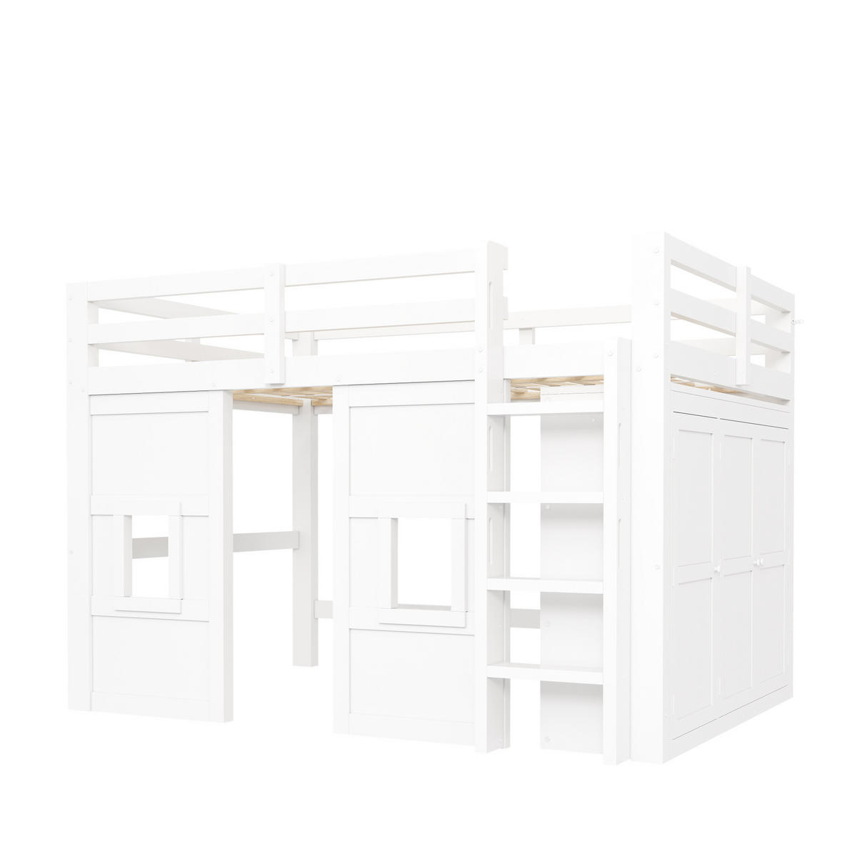 PATROVÁ postel 140/200 cm bílá z borovicového dřeva a MDF se šatní skříní - bílá, kompozitní dřevo (140/200cm) - OKWISH