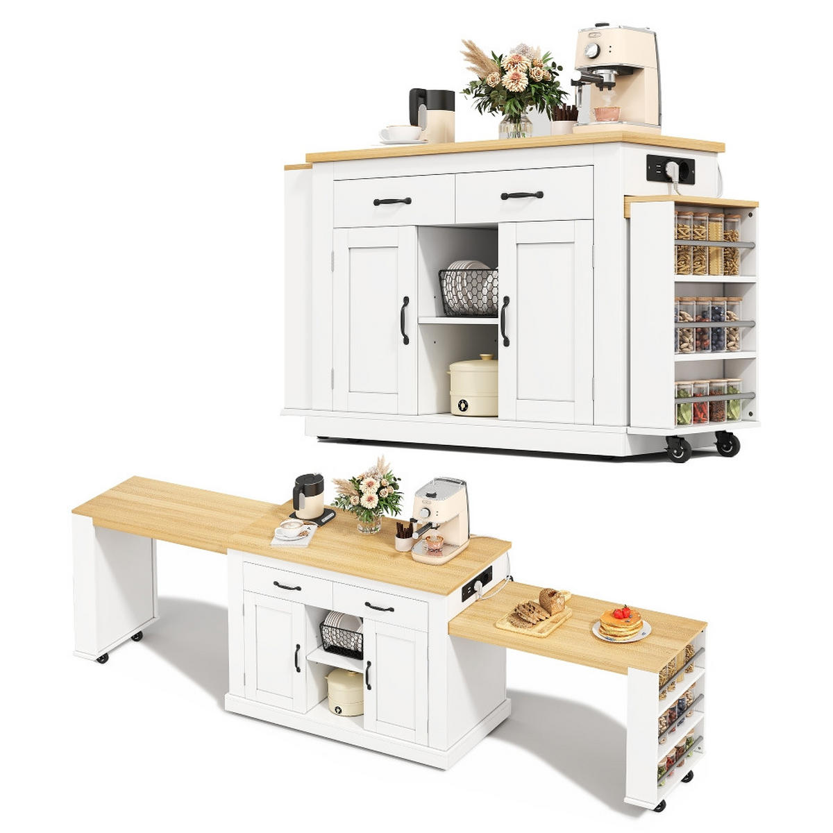 KÜCHENINSEL, Ausziehbare Arbeitsfläche, Steckdosen, USB, Holzimitat, 142-340/55/93 cm - Weiß, Kunststoff (55/93/142cm) - Rolipo