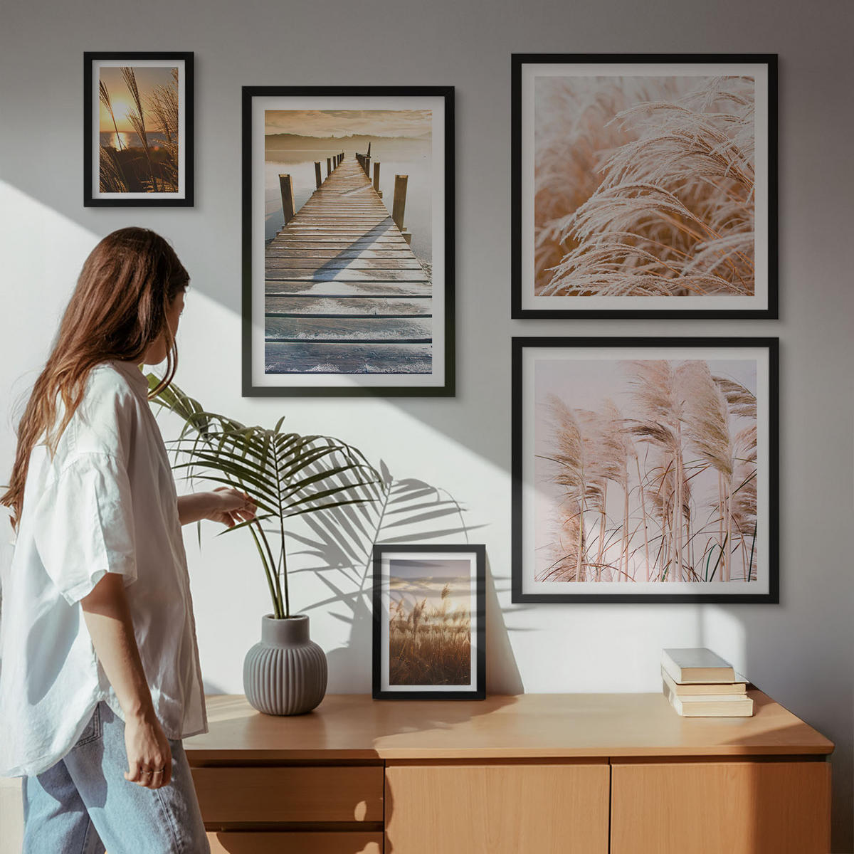 BILDER SET 5er Set - 50x50 cm & 20x30 cm & 40x60 cm Schwarzer Rahmen - Boho-Grasfeld-Sonnenuntergang - Schwarz, Kunststoff (40/60cm) - TULUP