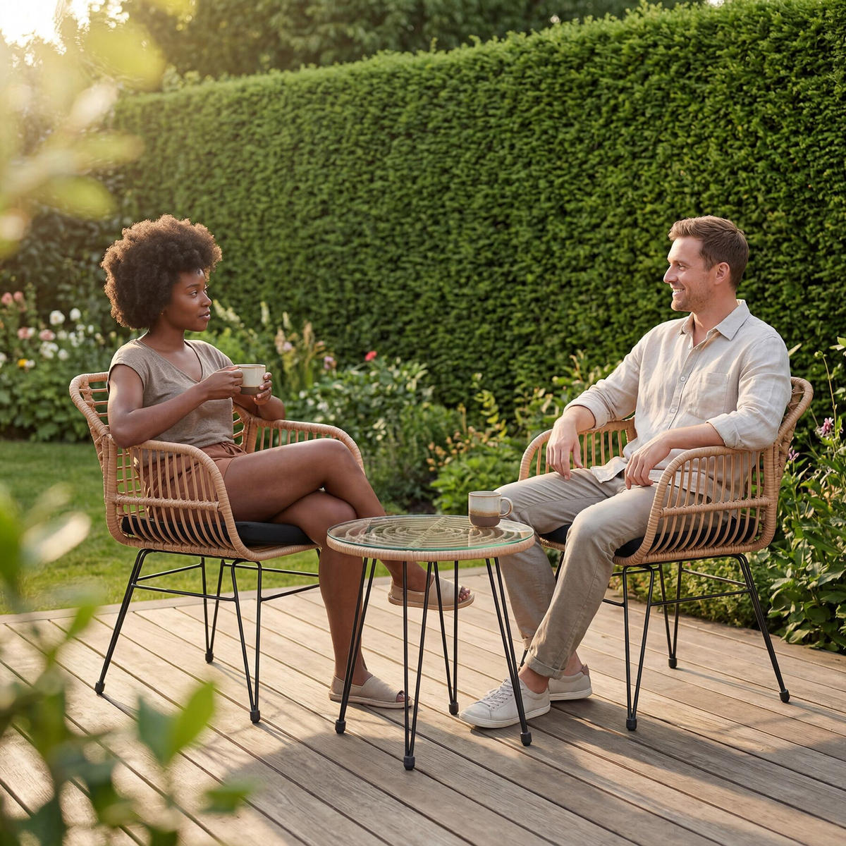 RATTAN-SITZGRUPPE Molfetta 2er Set, UV-beständig, Polyrattan Stahl, natur, 2 Stühle 58x64,5x86,5 cm, Tisch 51x55,5 cm, wasserabweisend - Naturfarben, Kunststoff - tectake